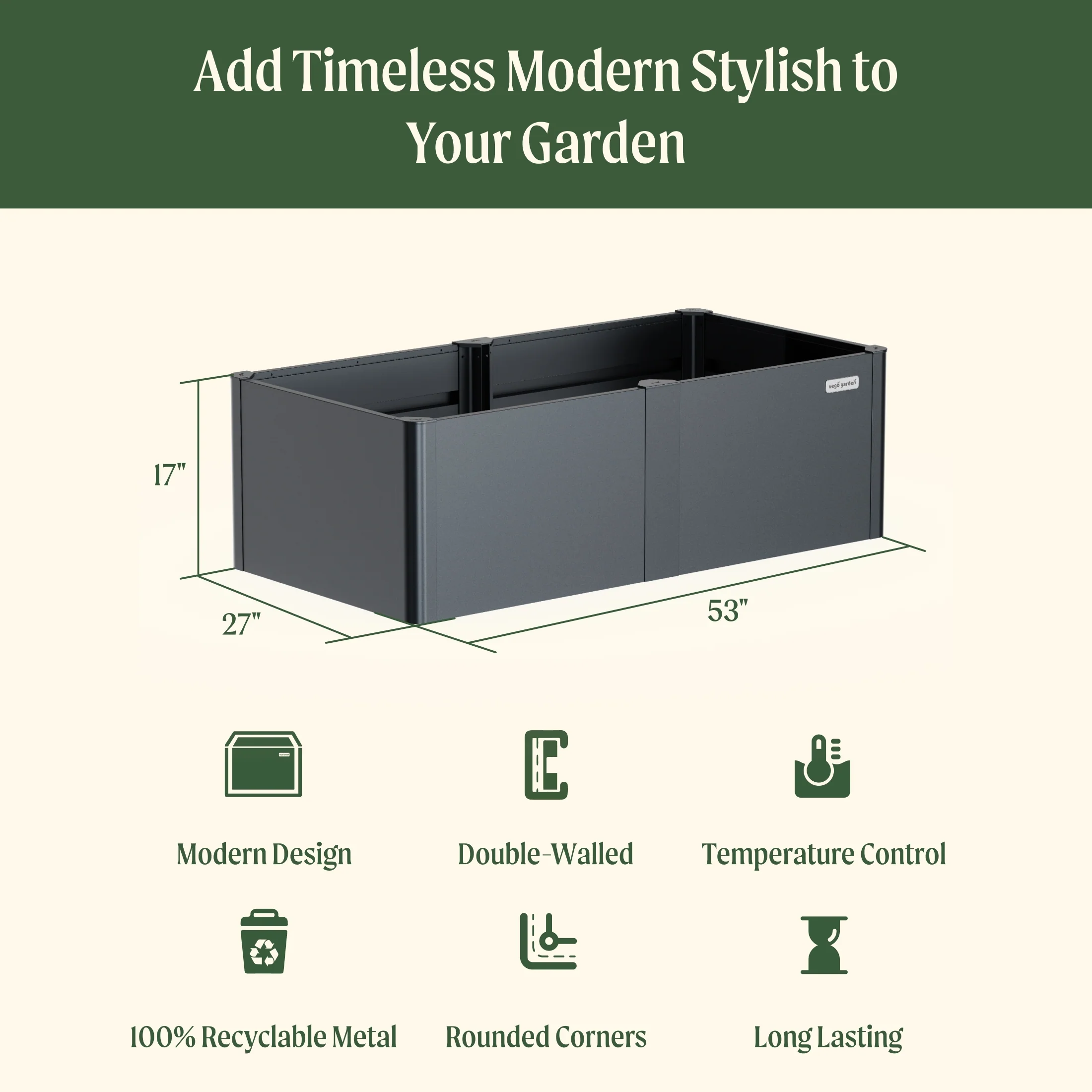 17" Tall Modern 27" x 53" Metal Raised Garden Bed - Image 4