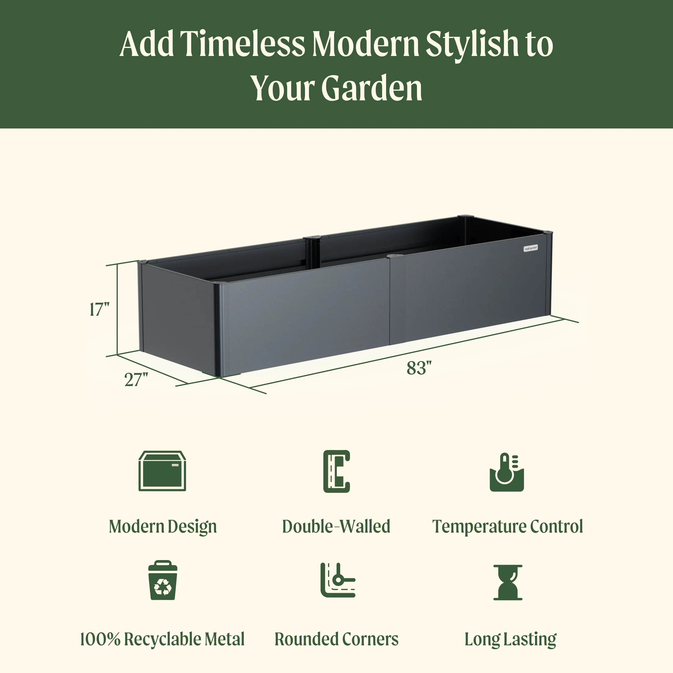 17" Tall Modern 27" x 83" Metal Raised Garden Bed - Image 4