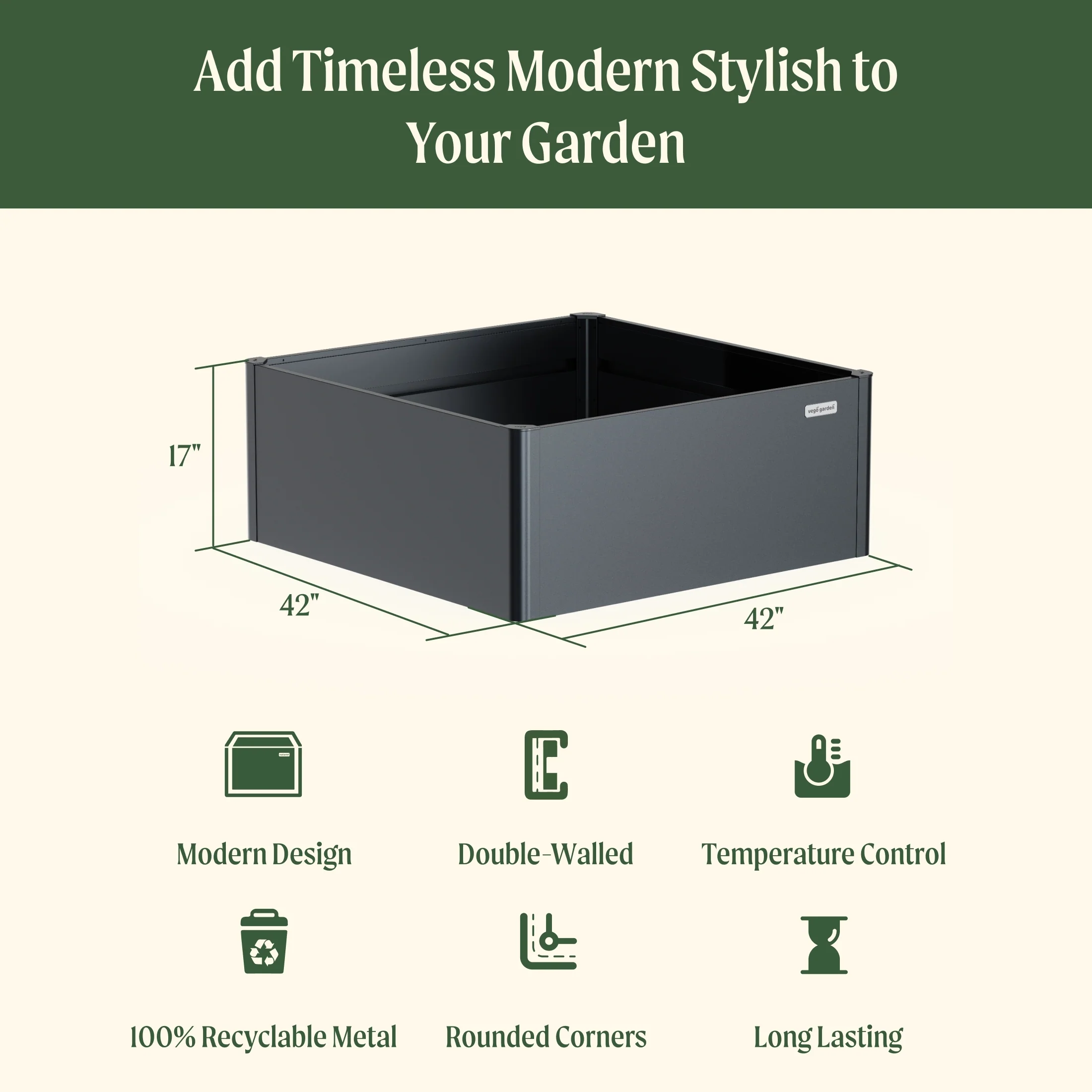 17" Tall Modern 42" x 42" Metal Raised Garden Bed - Image 4