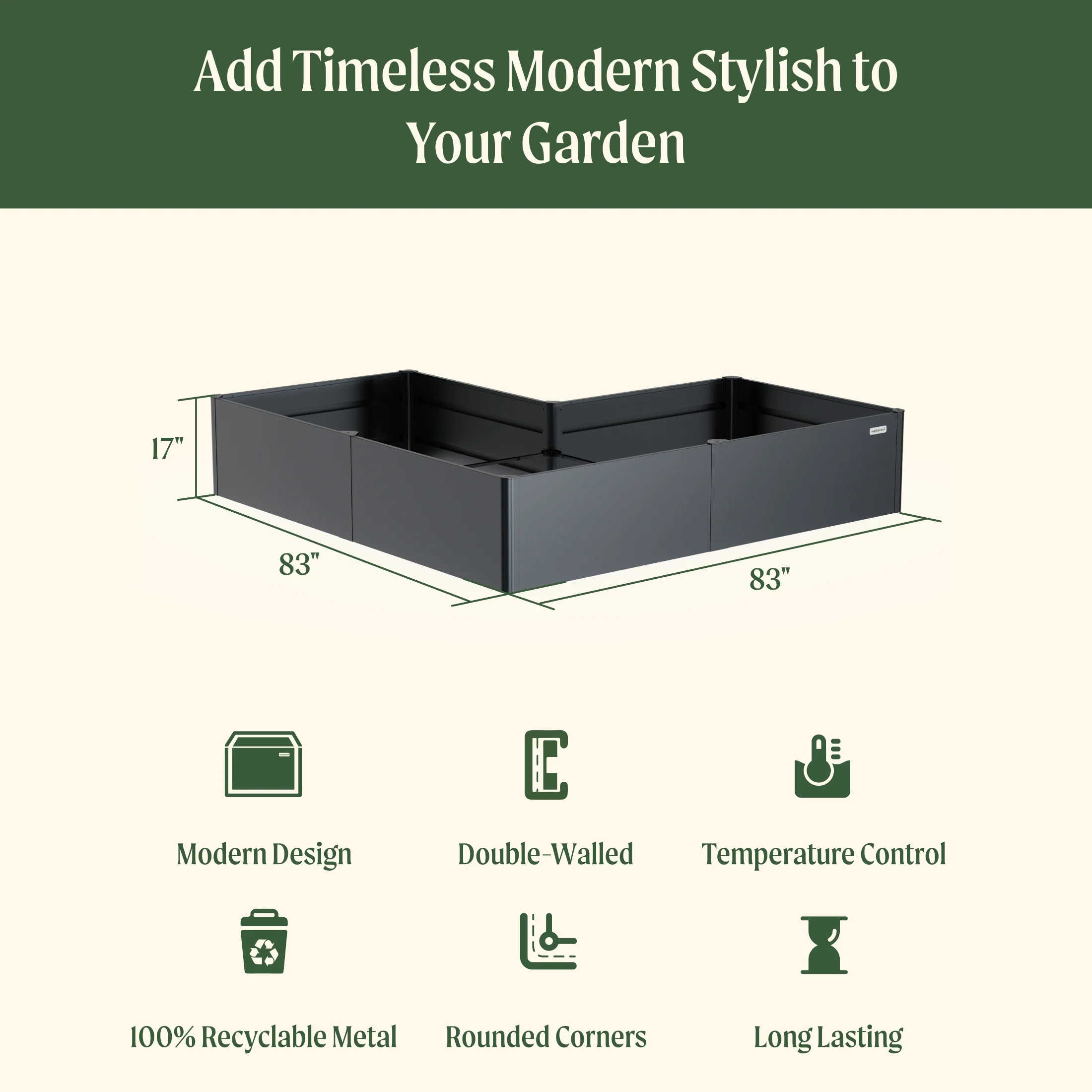 17" Tall Modern 83" x 83" L Shape Metal Raised Garden Bed - Image 4