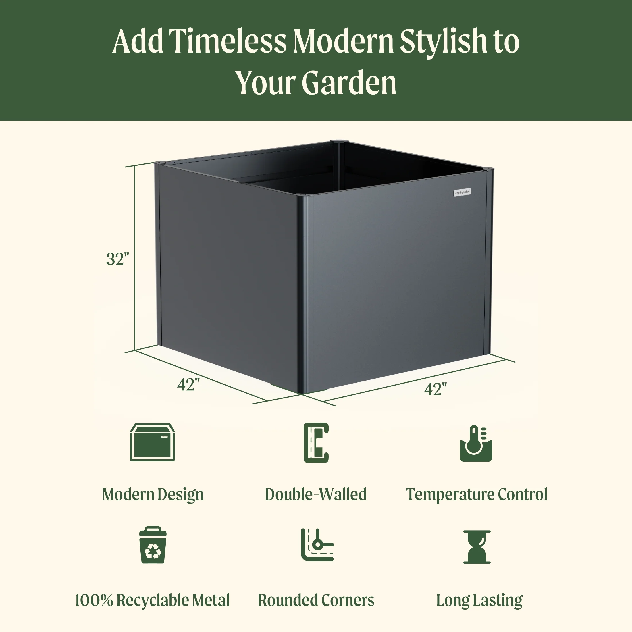 32" Extra Tall Modern 42" x 42" Metal Raised Garden Bed - Image 4