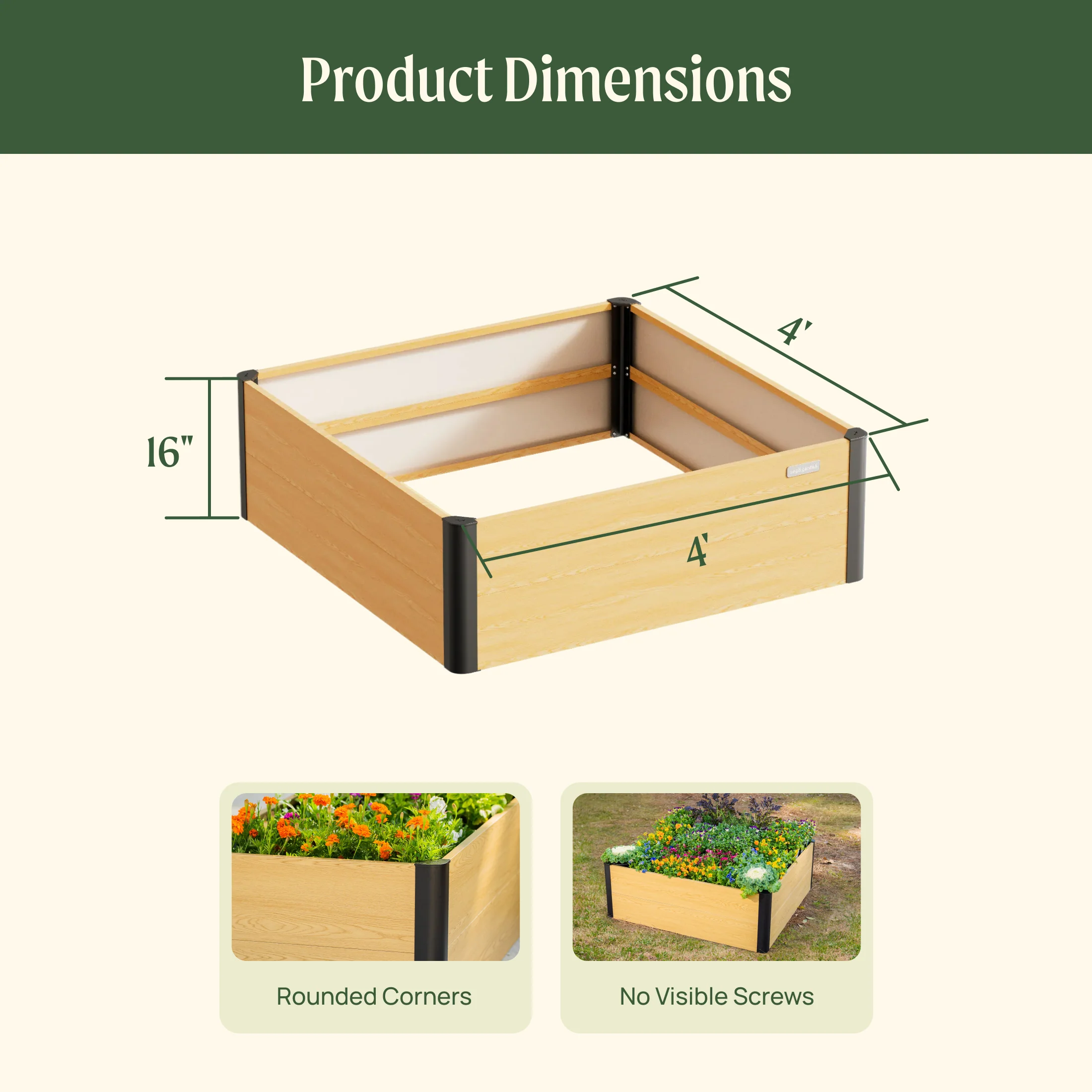 16" Tall Woodgrain 4' x 4' Metal Raised Garden Bed - Image 4