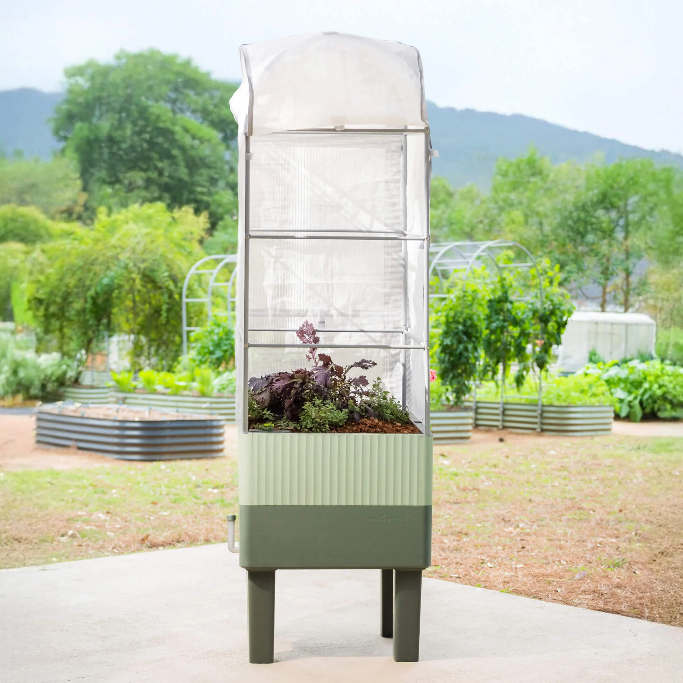 EZCube Self-Watering Planter 21" x 24" Elevated - Sage Green + Cage & Cover Bundle - Image 3