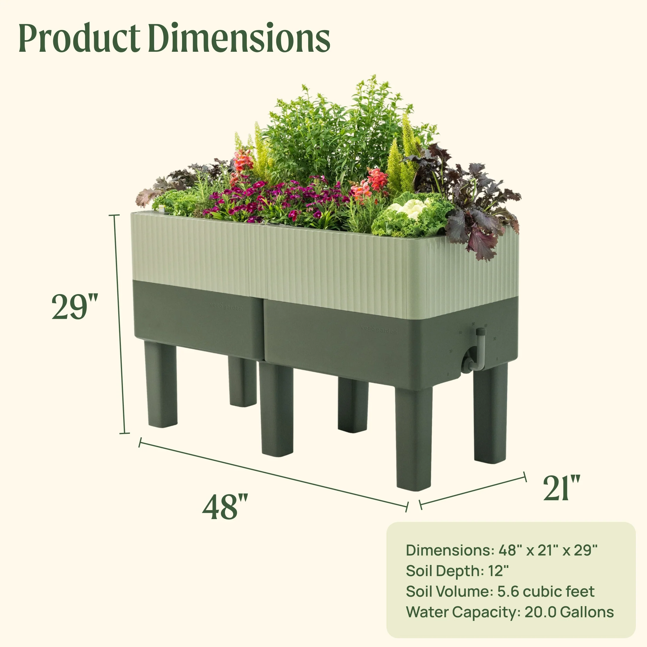 EZCube Self-Watering Planter 21" x 48" Elevated - Sage Green - Image 3
