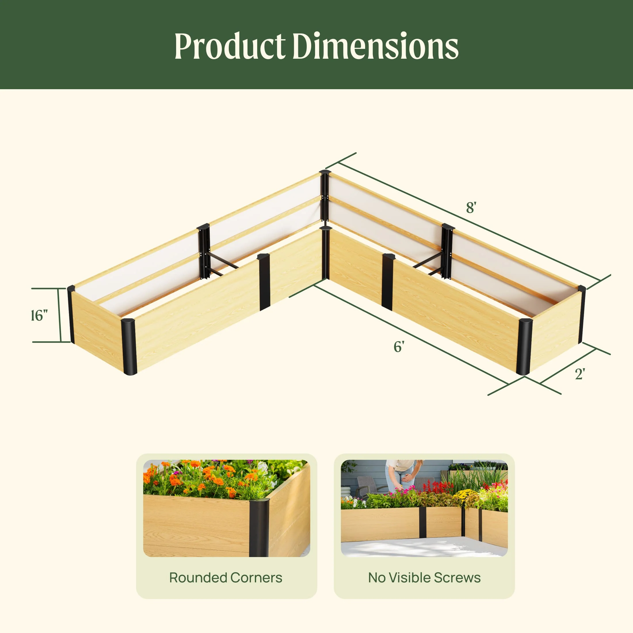 16" Tall Woodgrain 8' x 8' L-Shaped Metal Raised Garden Bed - Image 4