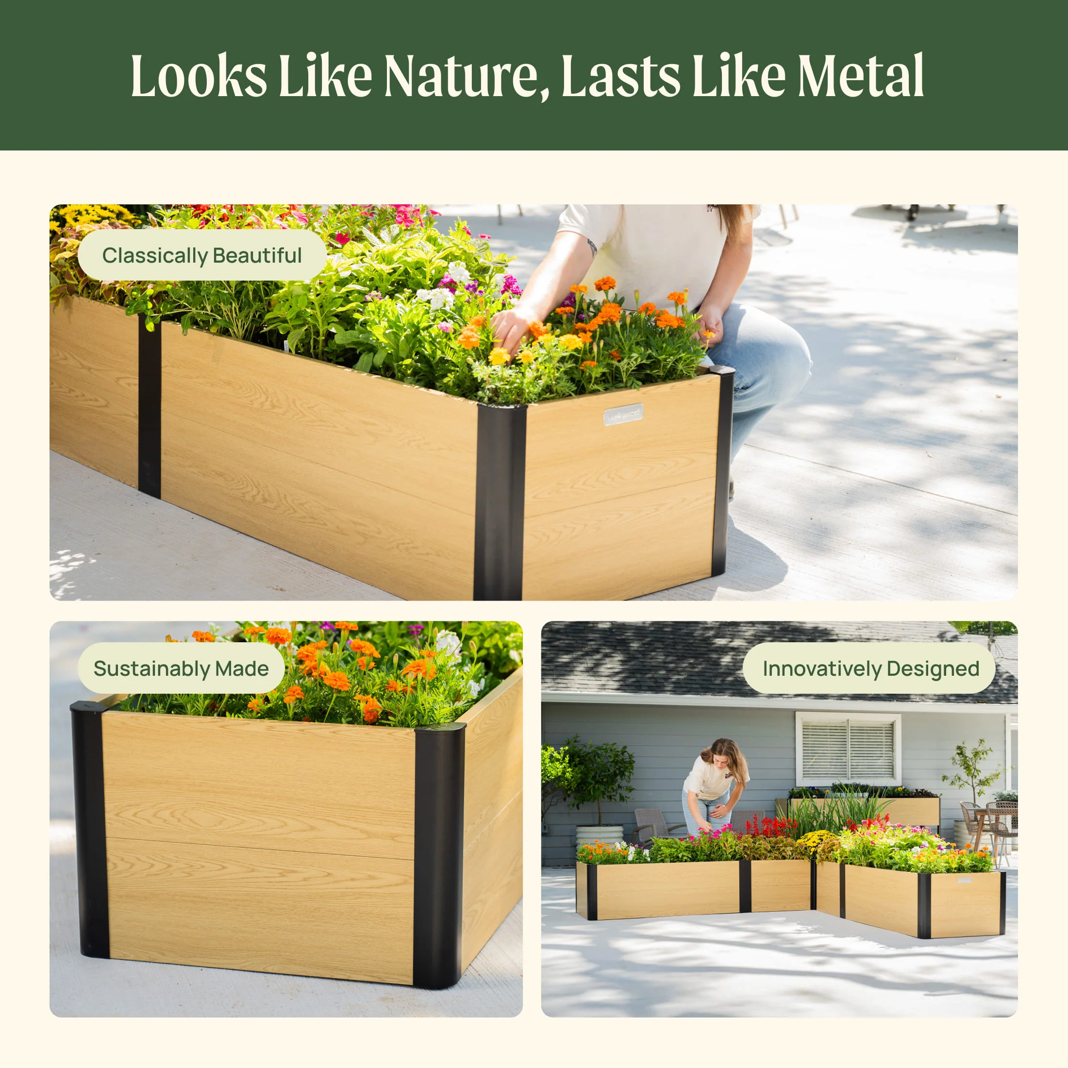 16" Tall Woodgrain 8' x 8' L-Shaped Metal Raised Garden Bed - Image 7