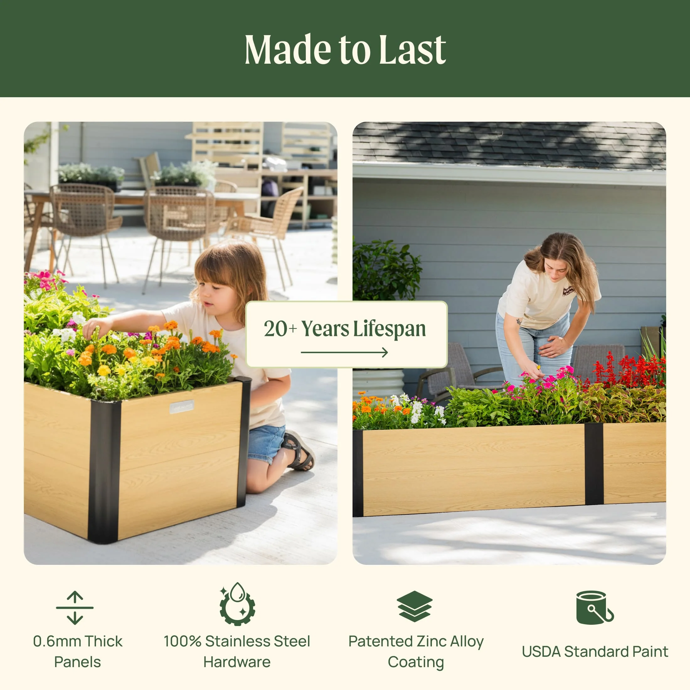 16" Tall Woodgrain 8' x 8' L-Shaped Metal Raised Garden Bed - Image 8