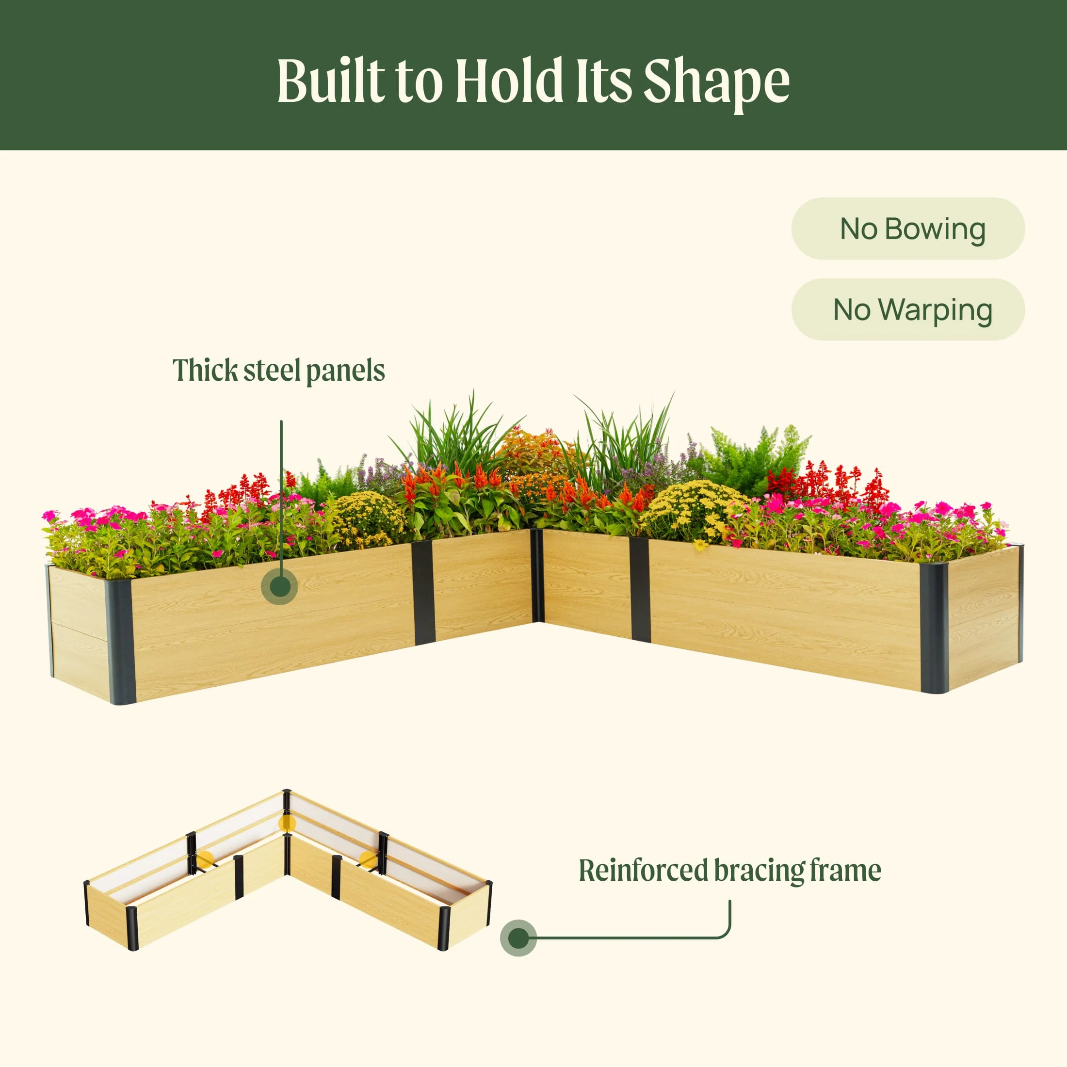 16" Tall Woodgrain 8' x 8' L-Shaped Metal Raised Garden Bed - Image 9