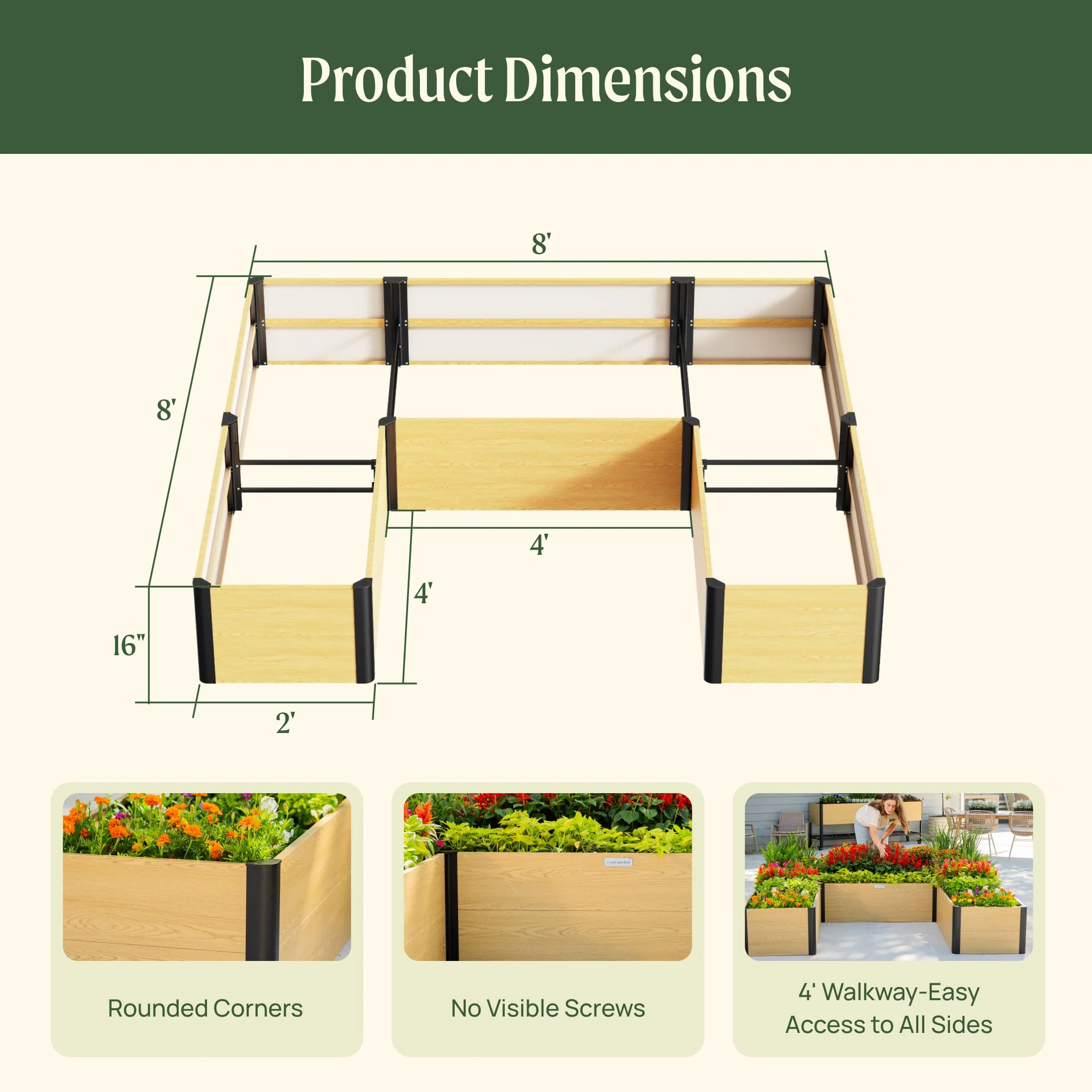 16" Tall Woodgrain 8' x 8' U-Shaped Metal Raised Garden Bed - Image 4